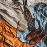 Flat lay of shirts, rust trousers, a striped tie and brown loafers