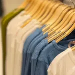 Shirts in cream and blue on wooden hangers
